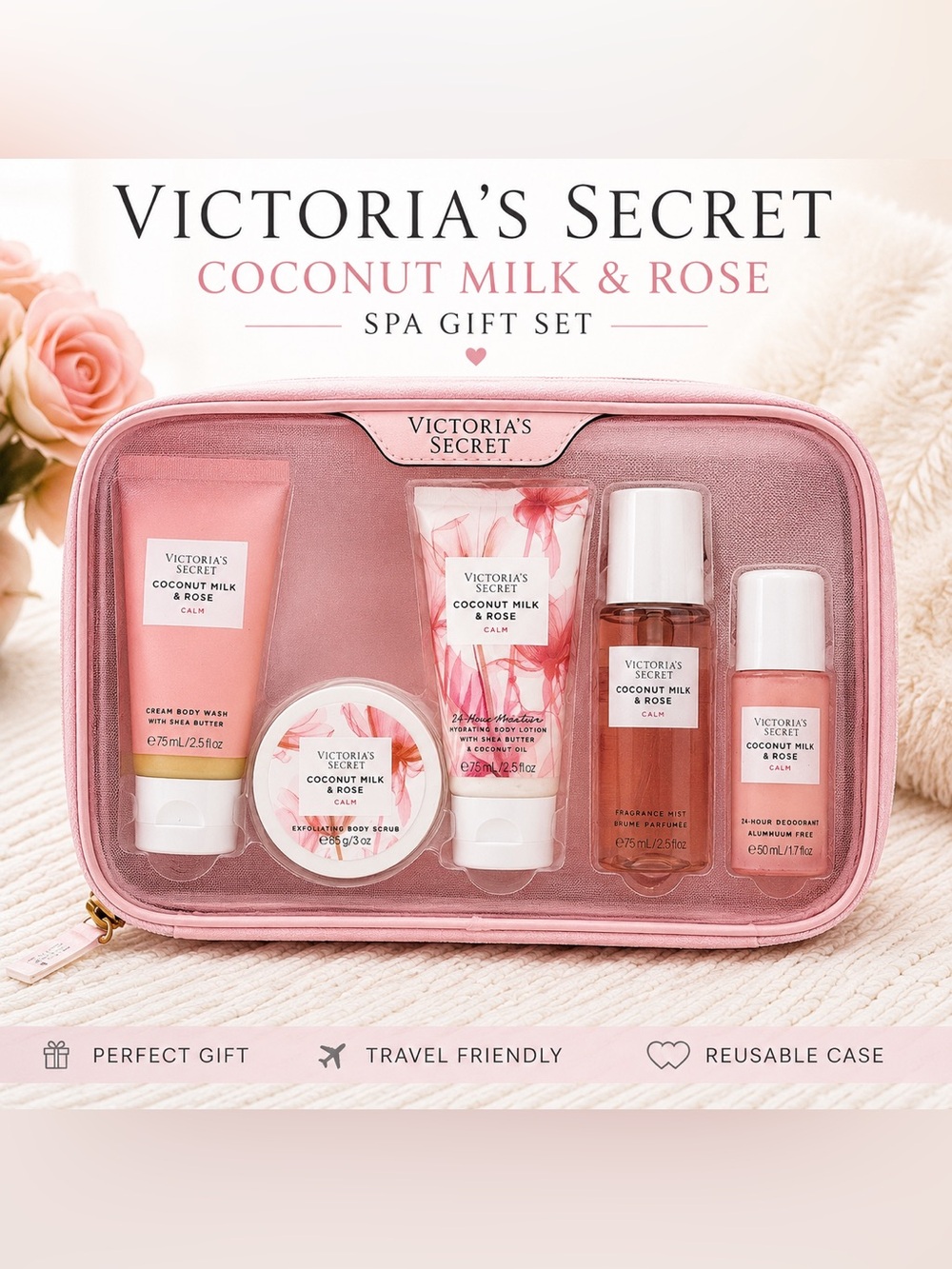 Victoria’s Secret Coconut Milk & Rose Spa Gift Set w/ Reusable Travel Case